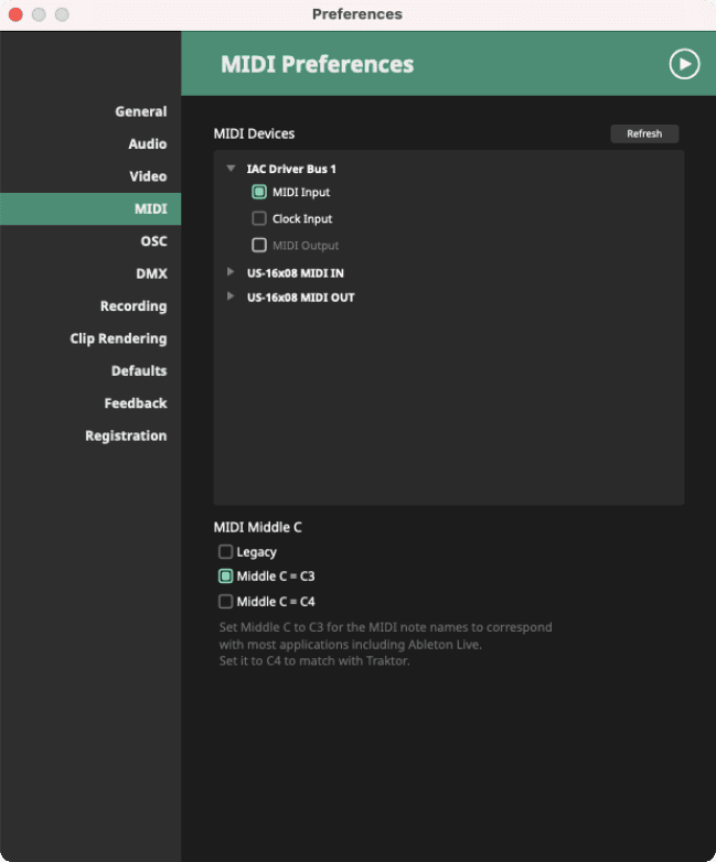 A screenshot of the MIDI Preferences window in Resolume with 'IAC Driver Bus 1' checked