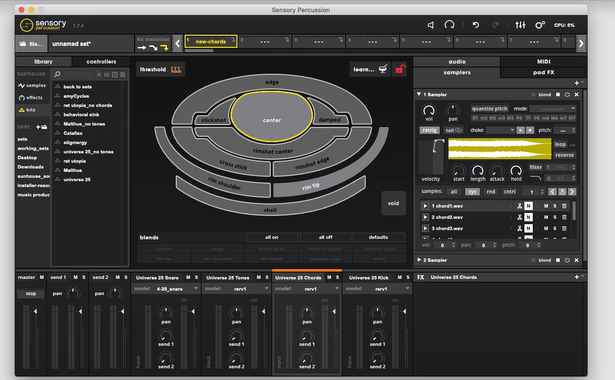 a screenshot of the full Sensory Percussion window with the chopped samplers inside a sampler