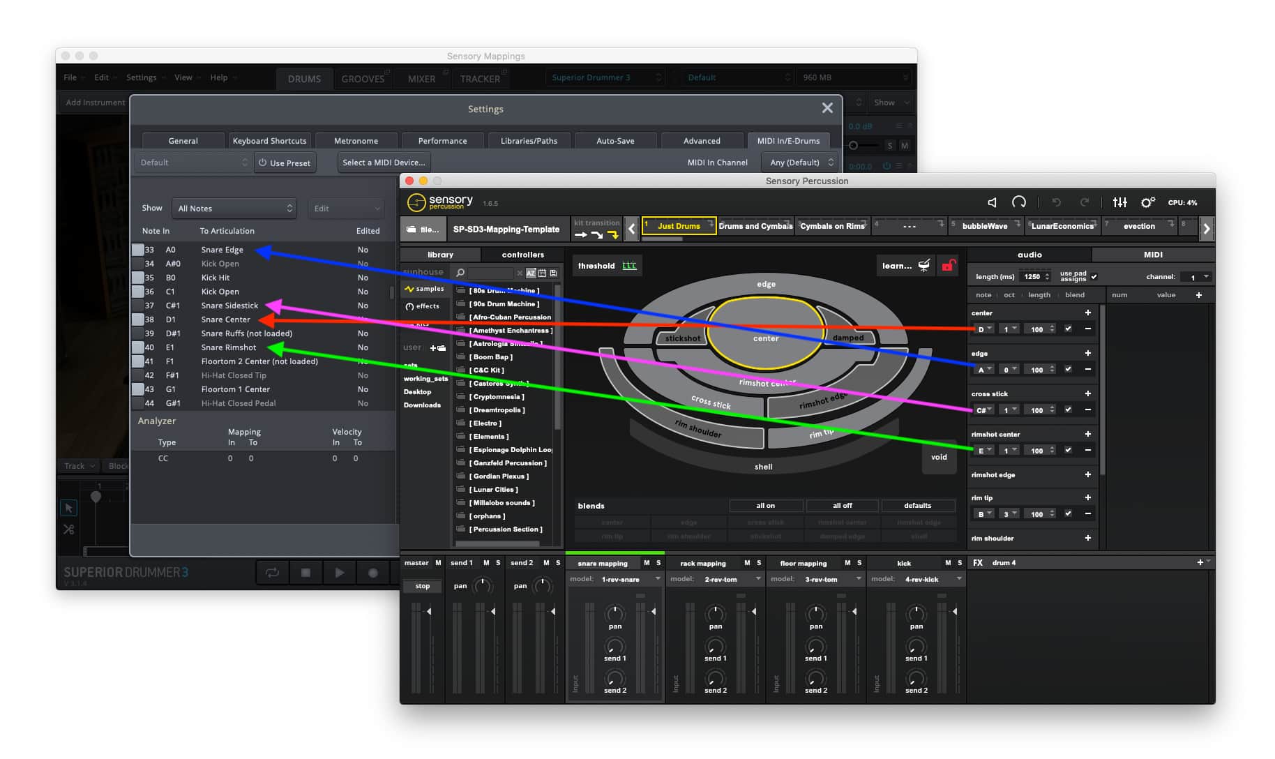 An edited screenshot showing arrows from the MIDI panel of Sensory Percussion to the MIDI In/E-drums Panel of Sd3