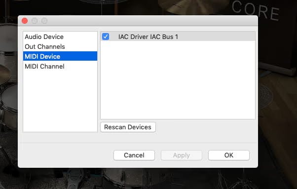 A screenshot of the I/O settings in SD3 with IAC bus 1 selected as the MIDI device
