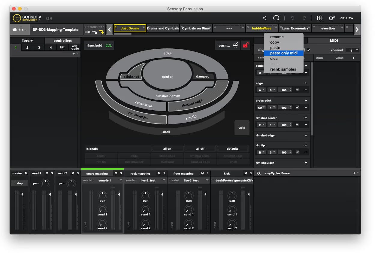A screenshot of the paste only MIDI feature in Sensory Percussion