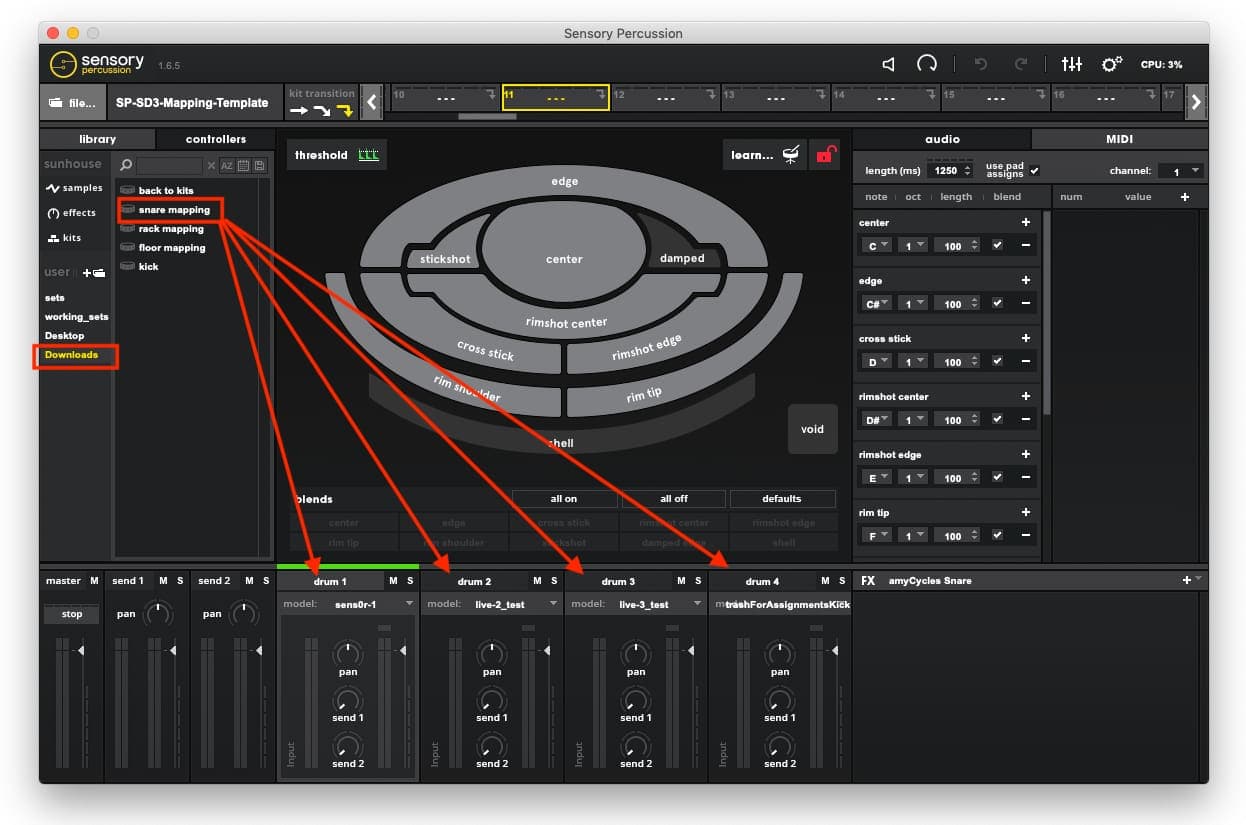 A screenshot of the Sensory Percussion software marked with arrows demonstrating that you can drag previously made indiviual drums into your current kit