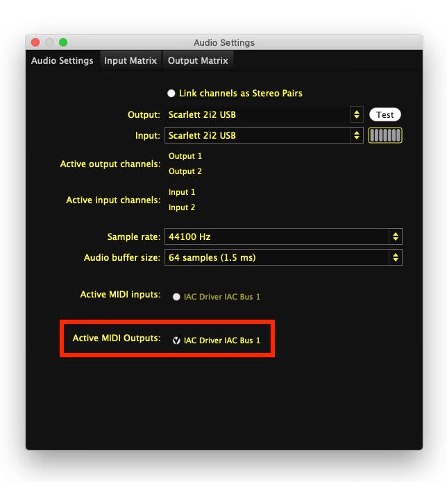 A screenshot of the I/O settings in Sensory Percussion with IAC Bus 1 selected as the MIDI output