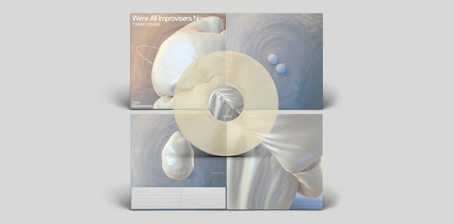 An image of the four panels of the album art with a white vinyl record overlapping them.