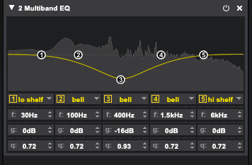 A Sensory Percussion EQ is shown with a wide bell (Q = .93) set to -16dB gain. The spectragram in the background shows a big dip in frequency around the bell.