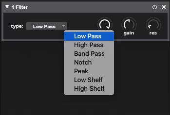 A Sensory Percussion filter is shown with the parameters: type (dropdown list), cutoff, gain, resonance. The mouse has selected ‘type', revealing the different types of filters available: low pass, high pass, band pass, notch, peak, low shelf, high shelf.