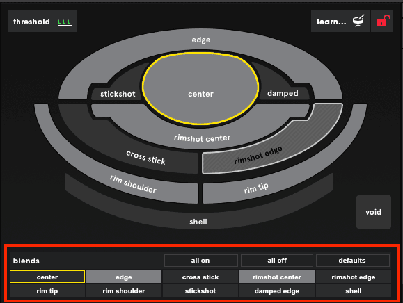 An image of the Sensory Percussion pad visualizer with the blend map outlined in red: the blend map shows the center zone is blended with the edge and rimshot center.