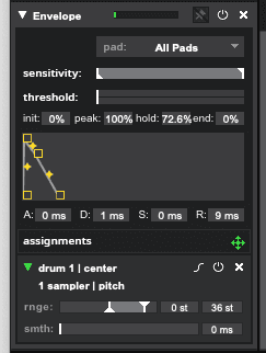 An image of a Sensory Percussion envelope controller assigned to pitch, the parameters are: attack 0 ms, decay 1 ms, sustain 0 ms, release 9 ms. The range of the pitch control is 0 - 36 steps.