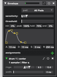 An image of a Sensory Percussion envelope controller assigned to resonance, the parameters are: attack 15 ms - with a convex curve, decay 13 ms with a concave curve, sustain 0 ms, release 266 ms with a concave curve. The range of the resonance control is 9.3 - 13.6.