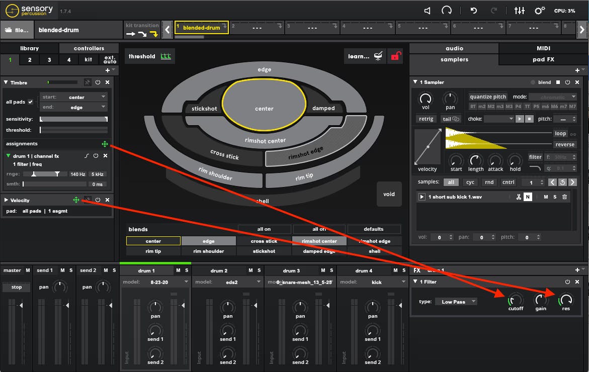 An image of the Sensory Percussion software with arrows pointing from the controllers section to the effect they are controlling. It shows a center-to-edge timbre controller assigned to filter cutoff with a range of 140 Hz to 5000 Hz, and a velocity controller assigned to filter resonance with a range not shown.