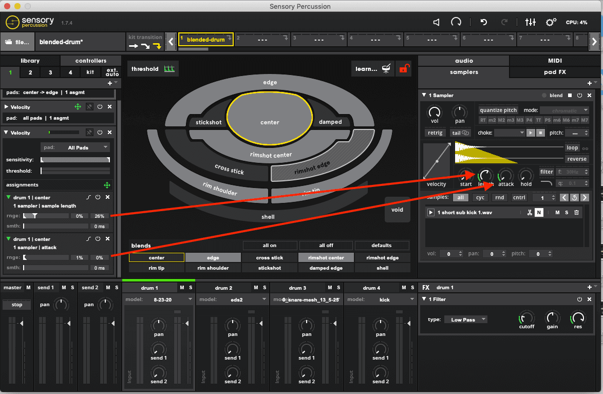An image of a velocity controller assigned to the Sensory Percussion parameters: length and attack. The length parameter's range is 1% - 26% and the attack parameter is 1% - 0%.