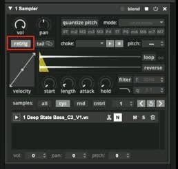 A sampler loaded with one tonal sample with the retrig parameter highlighted.