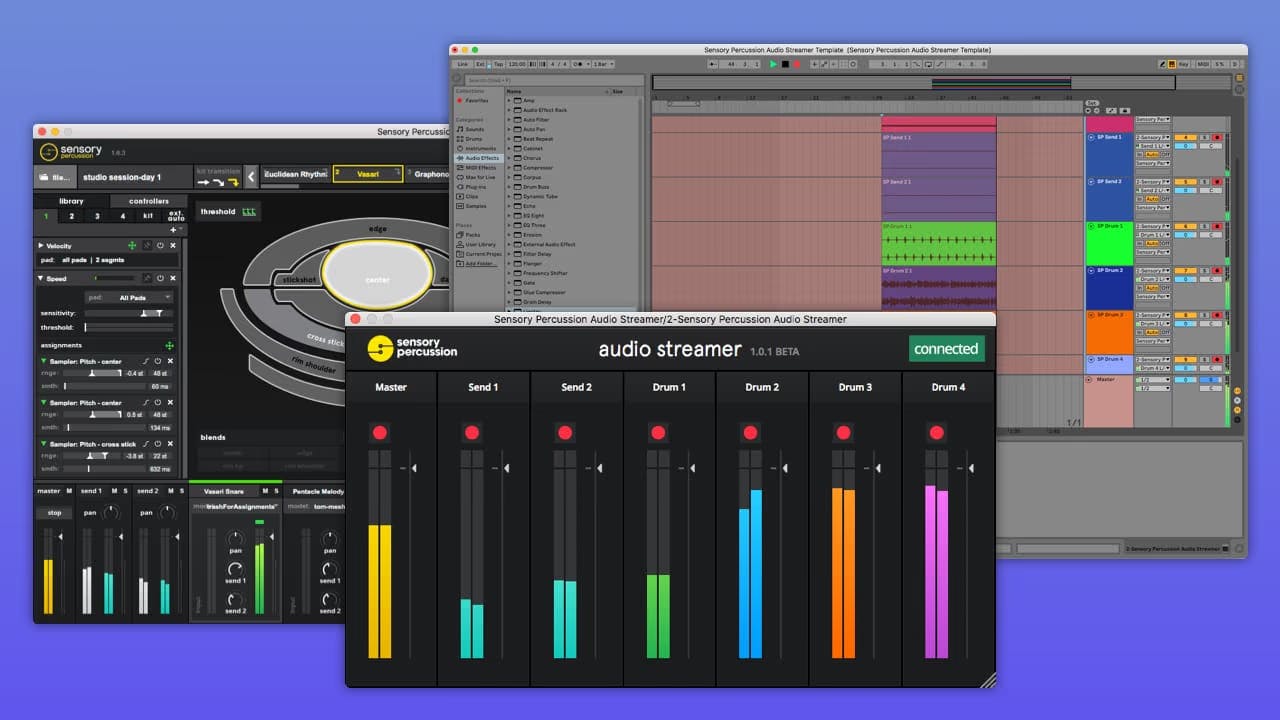 A header image with screenshots of Sensory Percussion, Abelton, and the SP Audio Streamer plugin