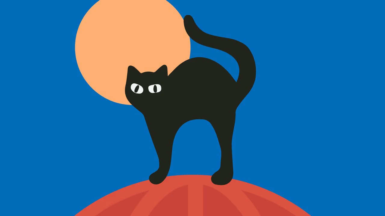 A cartoon image of a black cat standing on a red stylized orb with a yellow moon in the background