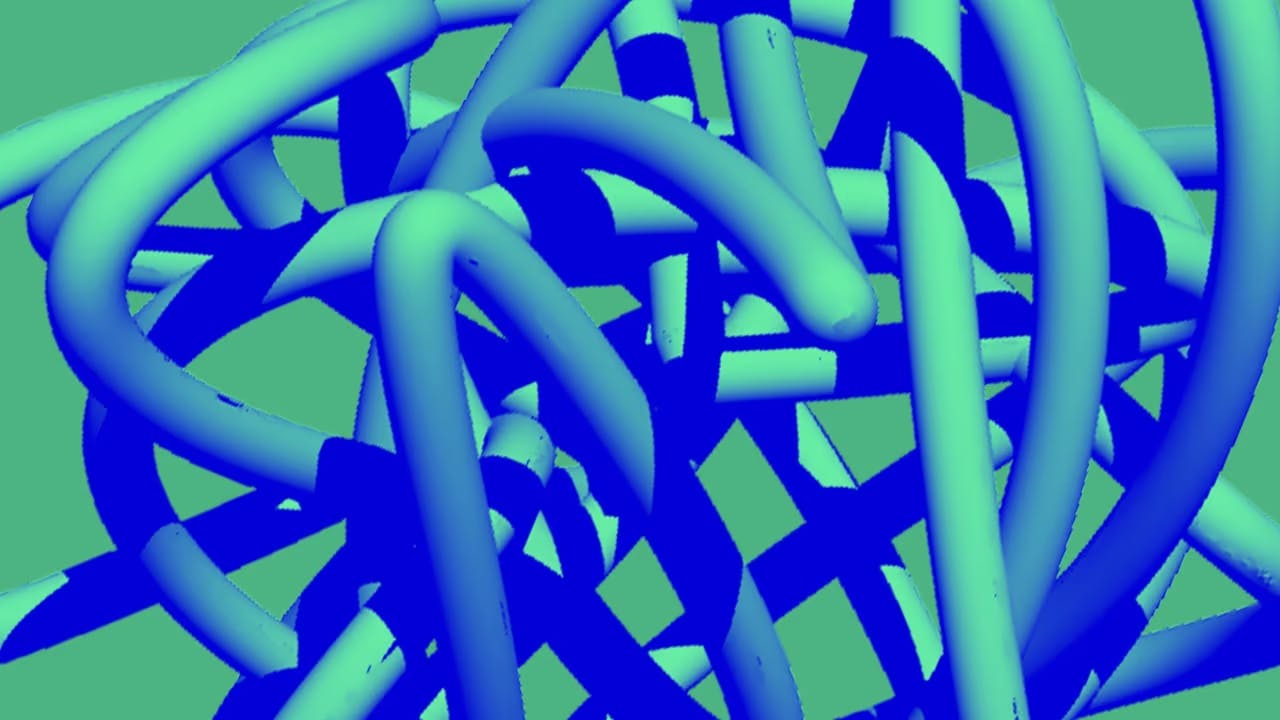 An image of a chaotic knot in bright blue and green