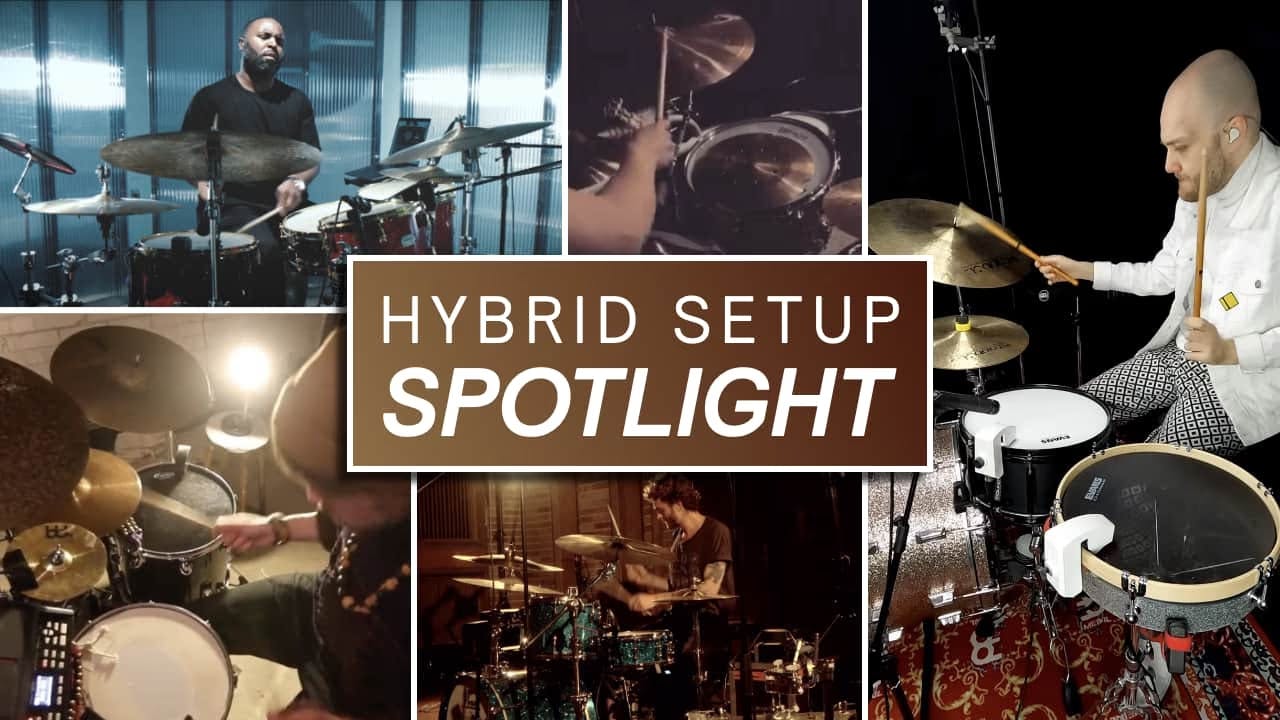 A photo collage of the 5 featured drummers with the words 'Hybrid Setup Spotlight' in the center
