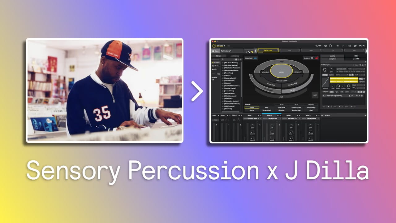A photo of J Dilla looking through vinyl records in a store next to a screenshot of Sensory Percussion software on a multi-colored background