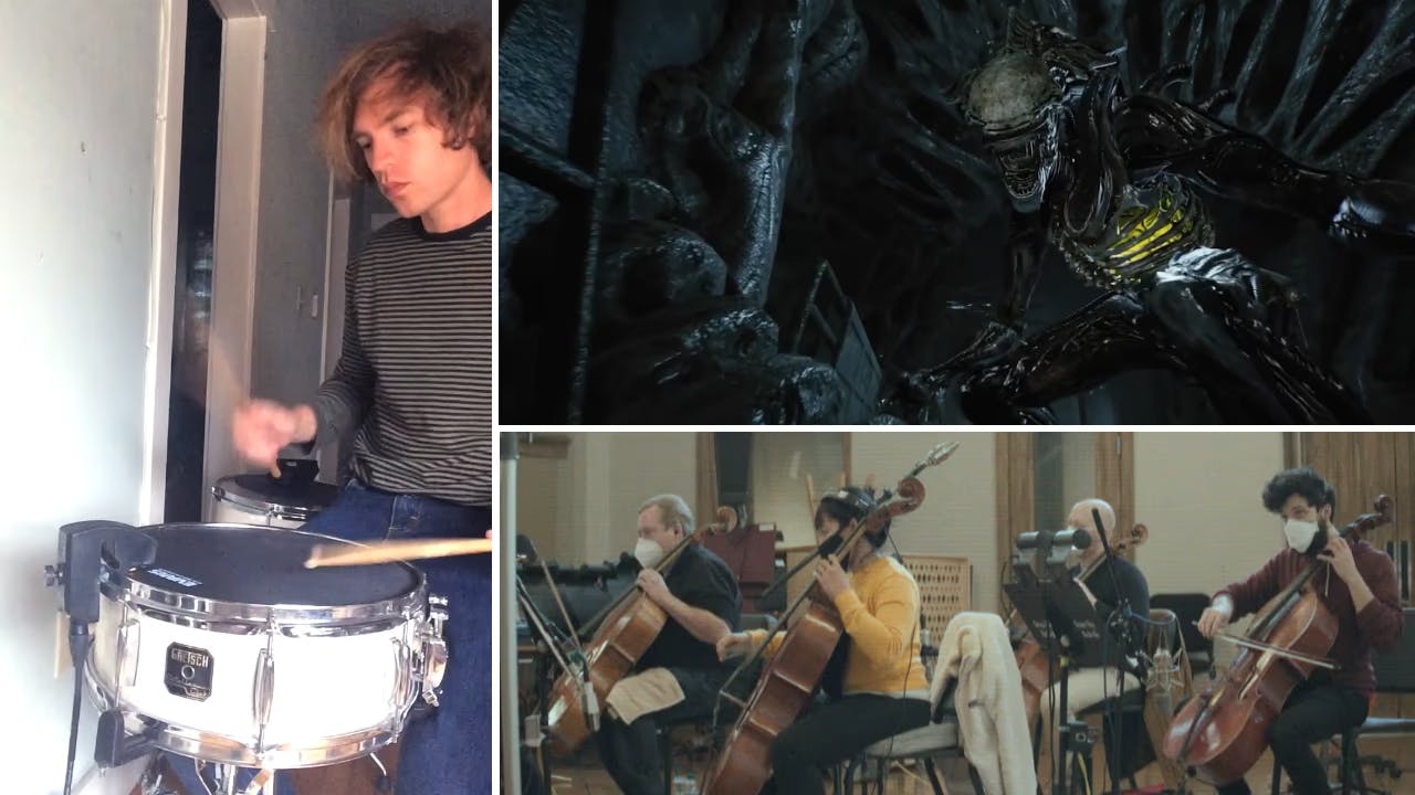 A collage of 3 photos: an orchestra, a screenshot of the alien videogame, and a photo of Joris playing Sensory Percussion.