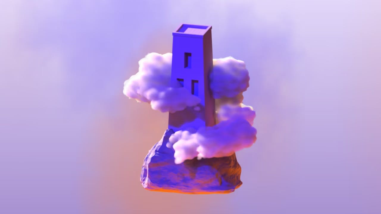 An image of a mysterious tower floating in the sky with clouds surrounding it
