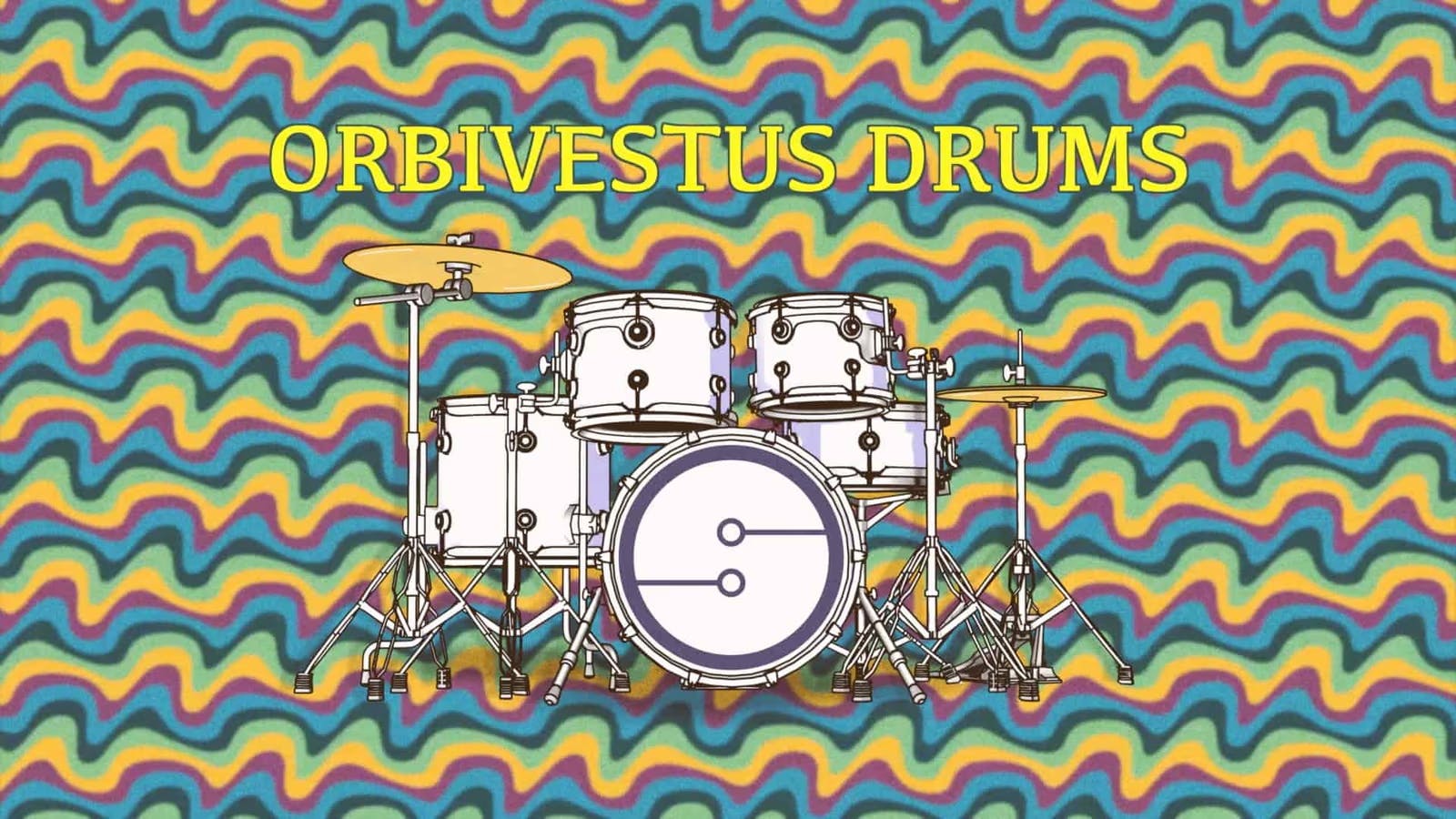 An image of a drumset in front of a trippy 70s-style background
