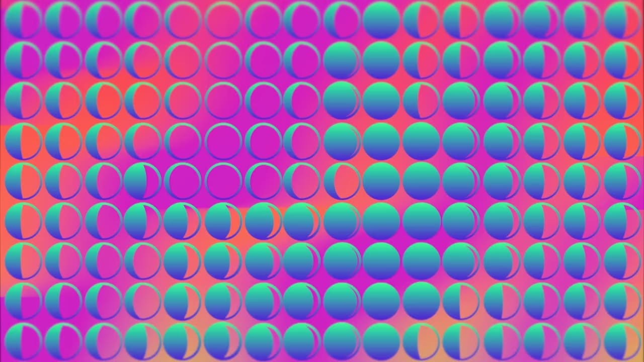 a psychedelic grid of moons in different phases in the colors pink, purple, teal, and orange