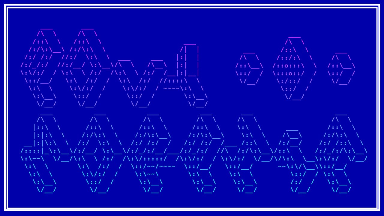 An image of ascii art text that says Polymorphia, on an MS-DOS style blue background