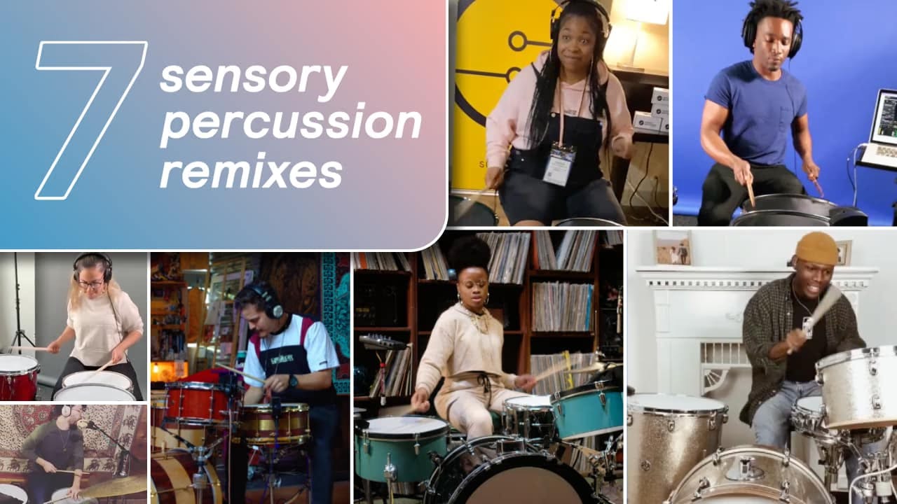 A photo collage of 6 artists performing Sensory Percussion remixes