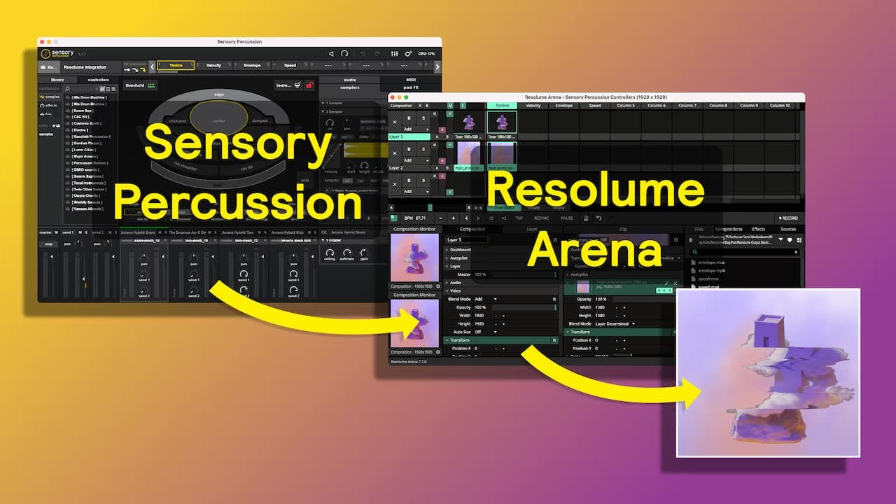 A screenshot of Sensory Percussion with a arrow pointing to the Resolume Arena software