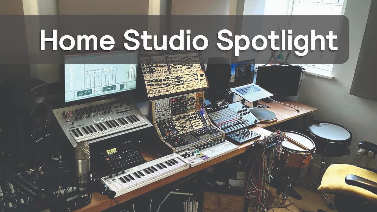 A photo of a home studio setup with a modular synthesizer and a snare drum with Sensory Percussion