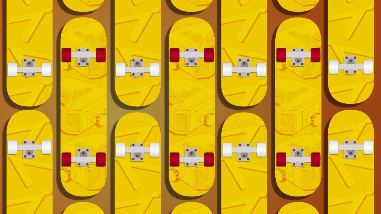 A graphic grid of yellow skateboards