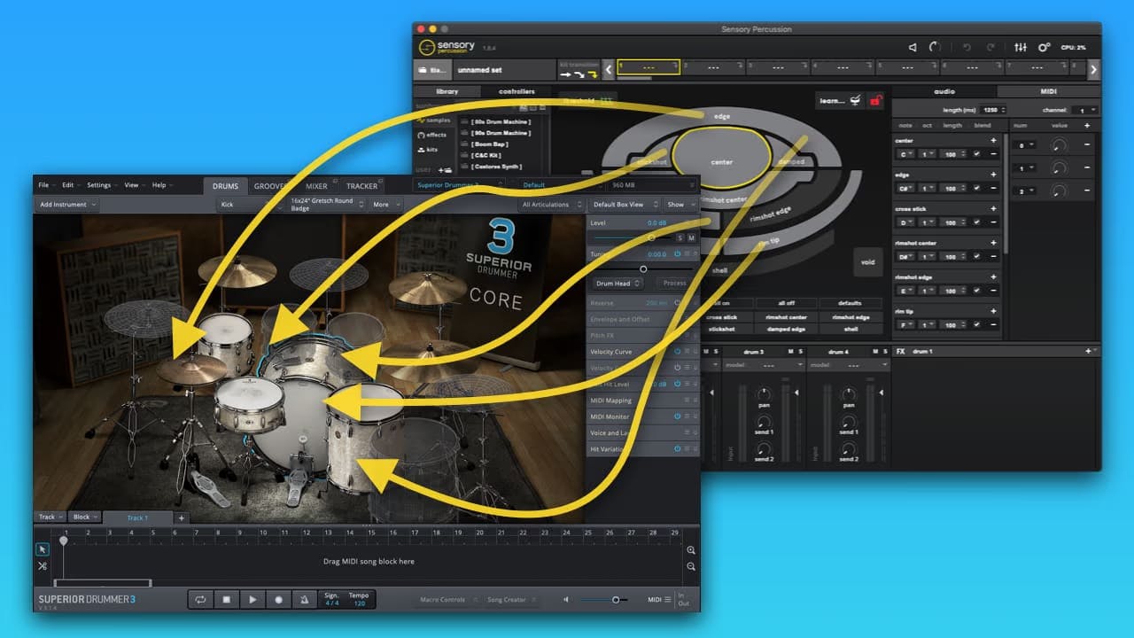 a screenshot of Sensory Percussion controlling Superior Drummer 3