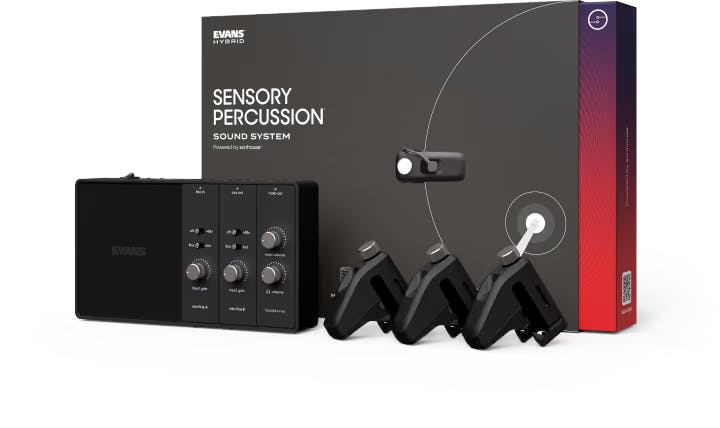 An image of the Sensory Percussion Sound System bundle with Portal Interface and 3 Drum Sensors